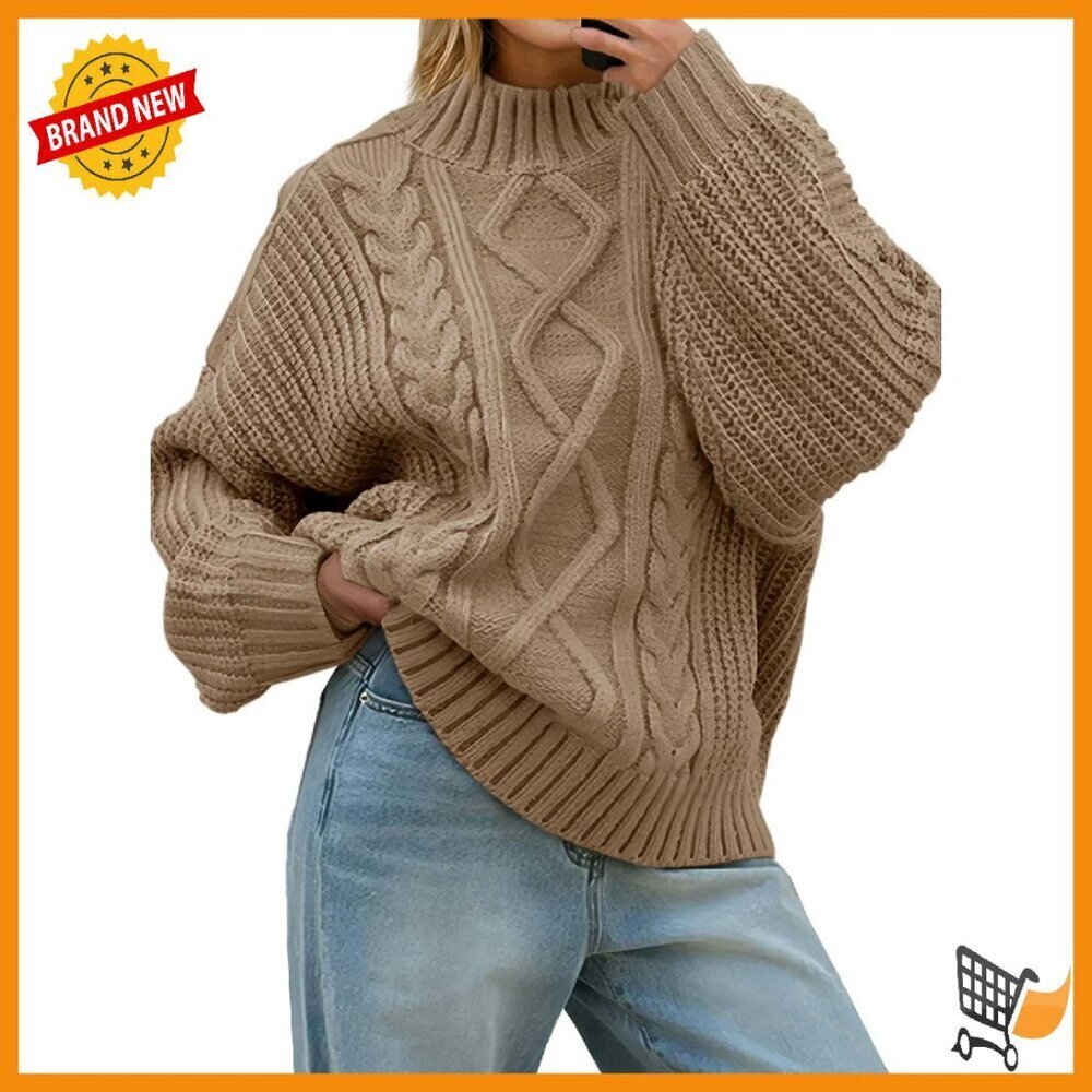 Oversized Cable Knit Turtleneck Sweater Chunky Pullover Button Up